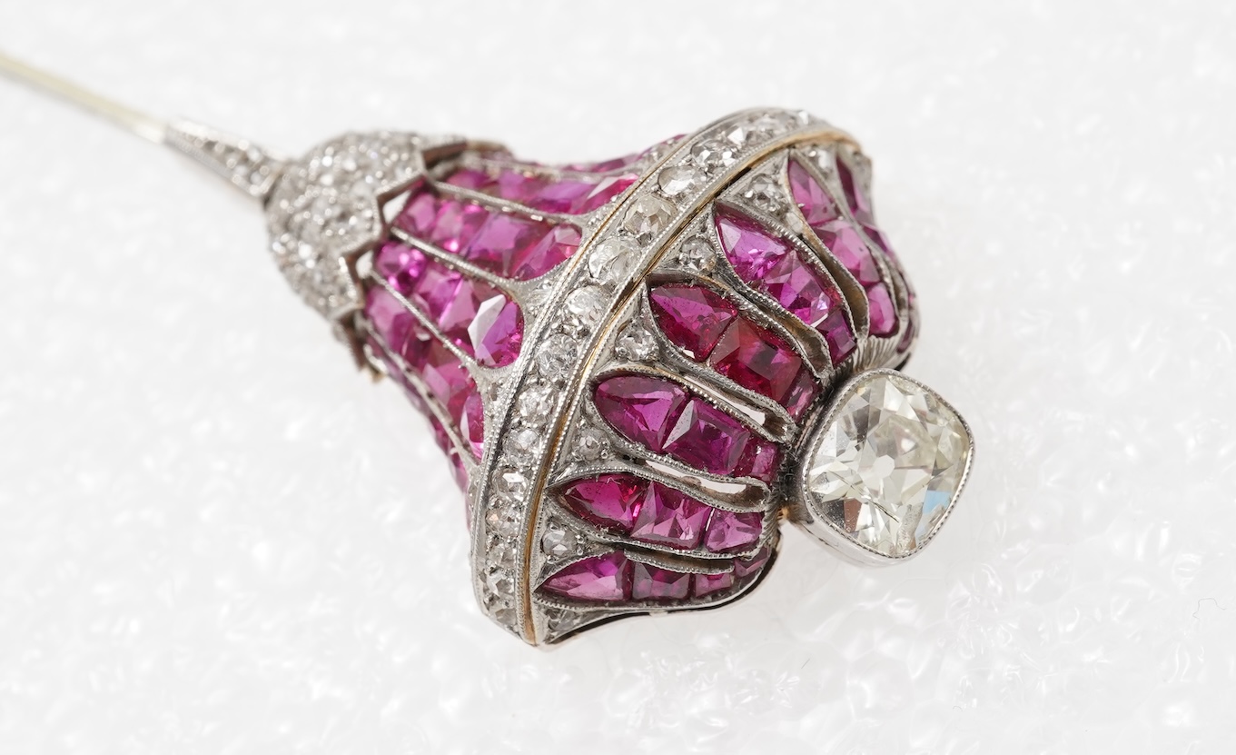 An impressive ruby and diamond jabot pin